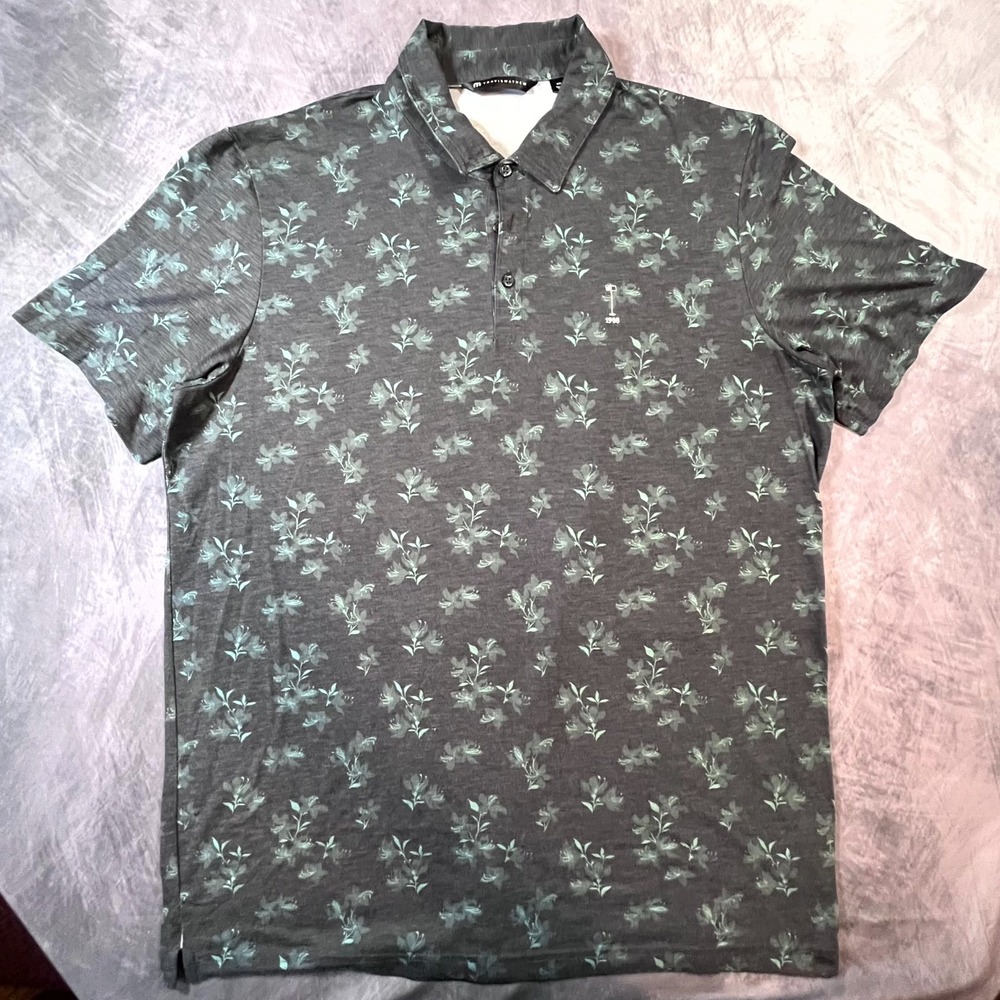 TravisMathew Azalea Season Polo Shirt Mens 2XL Gray Green Floral Quick Drying